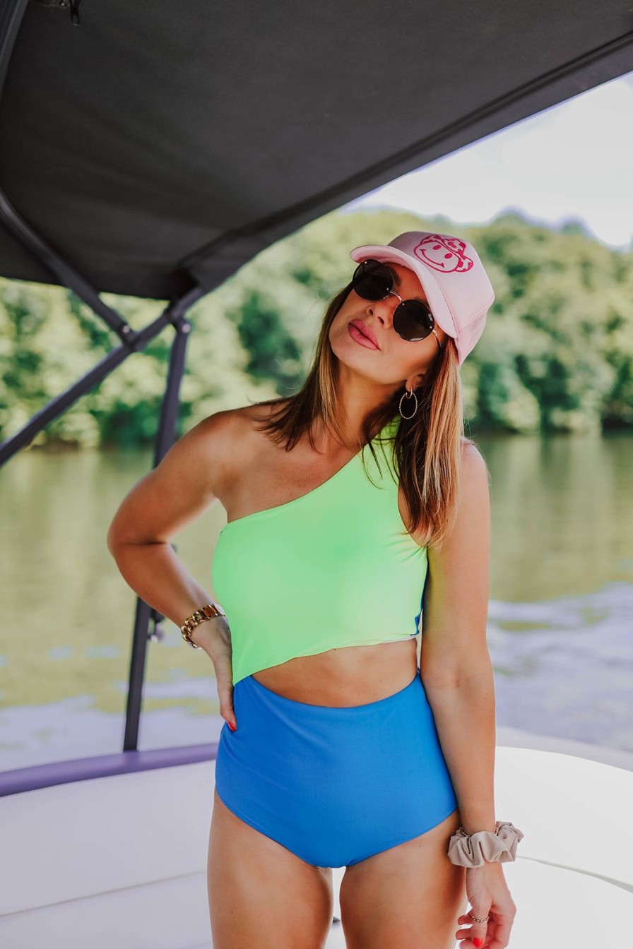 Women Pink Desert One-Pieces | Riley Cut Out One Piece In Neon Blue And Green Color Block By Betsy Mikesell X Pink Desert