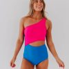 Women Pink Desert One-Pieces | Harper Cut Out One Piece In Neon Blue And Pink Color Block By Betsy Mikesell X Pink Desert