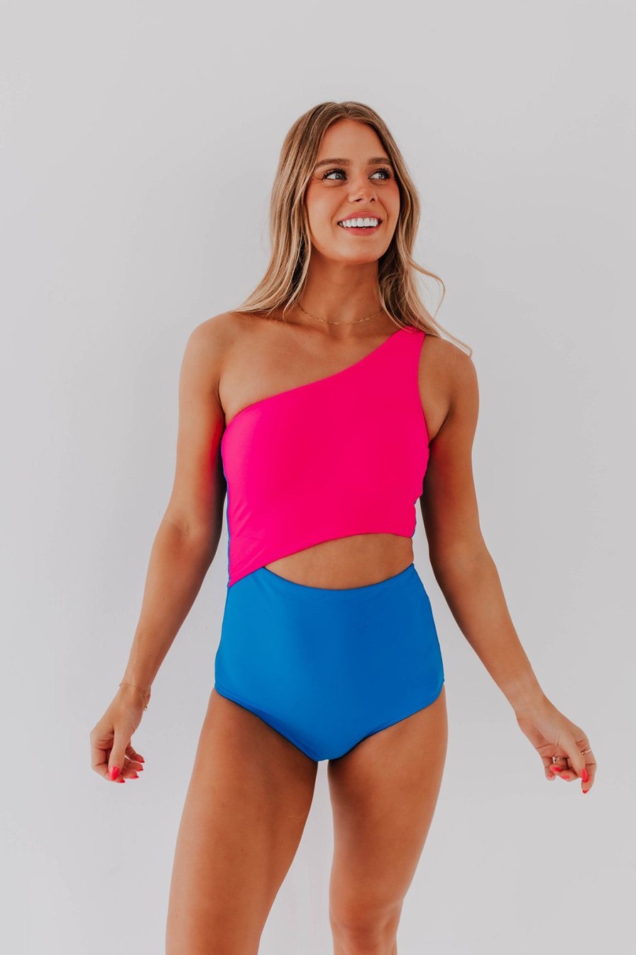 Women Pink Desert One-Pieces | Harper Cut Out One Piece In Neon Blue And Pink Color Block By Betsy Mikesell X Pink Desert