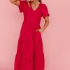 Women Pink Desert Dresses | The Monet Midi Dress In Cherry Red