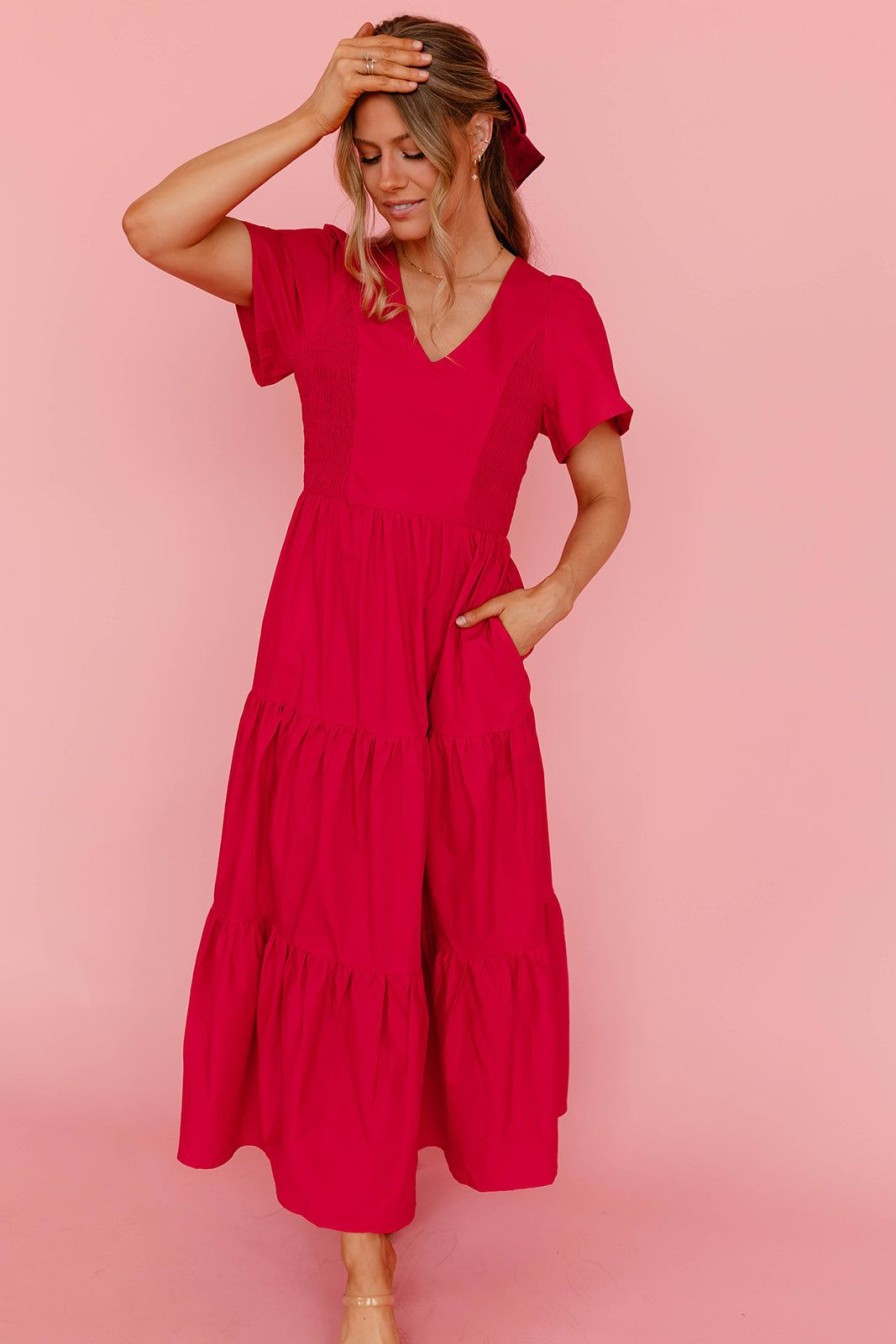 Women Pink Desert Dresses | The Monet Midi Dress In Cherry Red