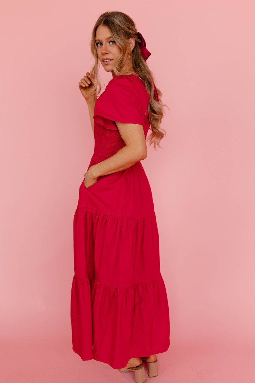 Women Pink Desert Dresses | The Monet Midi Dress In Cherry Red