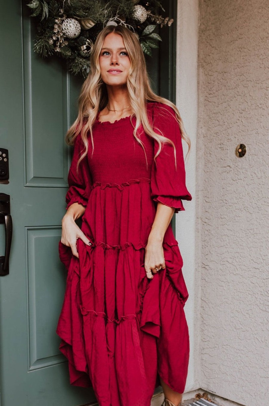 Women Pink Desert Dresses | The Bryony Swiss Dot Dress In Burgundy