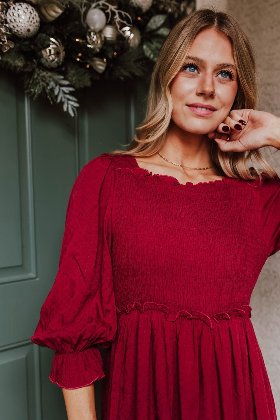 Women Pink Desert Dresses | The Bryony Swiss Dot Dress In Burgundy