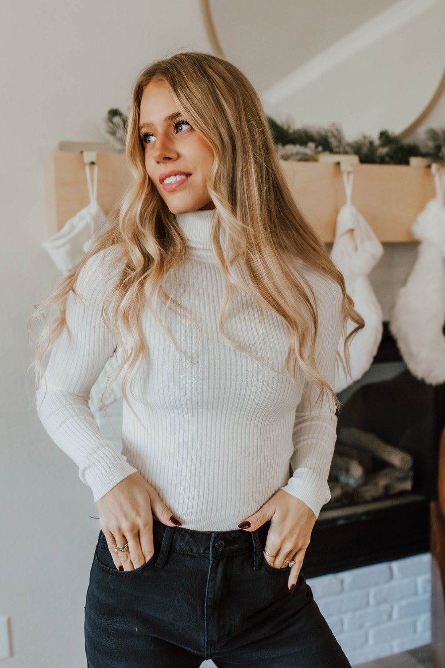 Women Pink Desert Tops | The Lucie Turtleneck Ribbed Sweater In Ivory