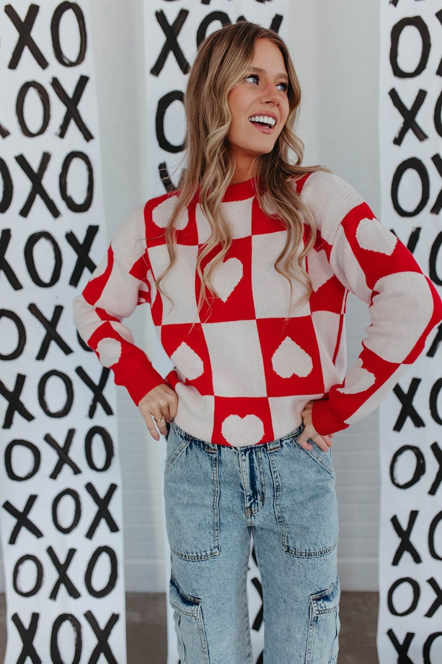 Women Pink Desert Tops | The Ramona Checkered Heart Sweater In Red