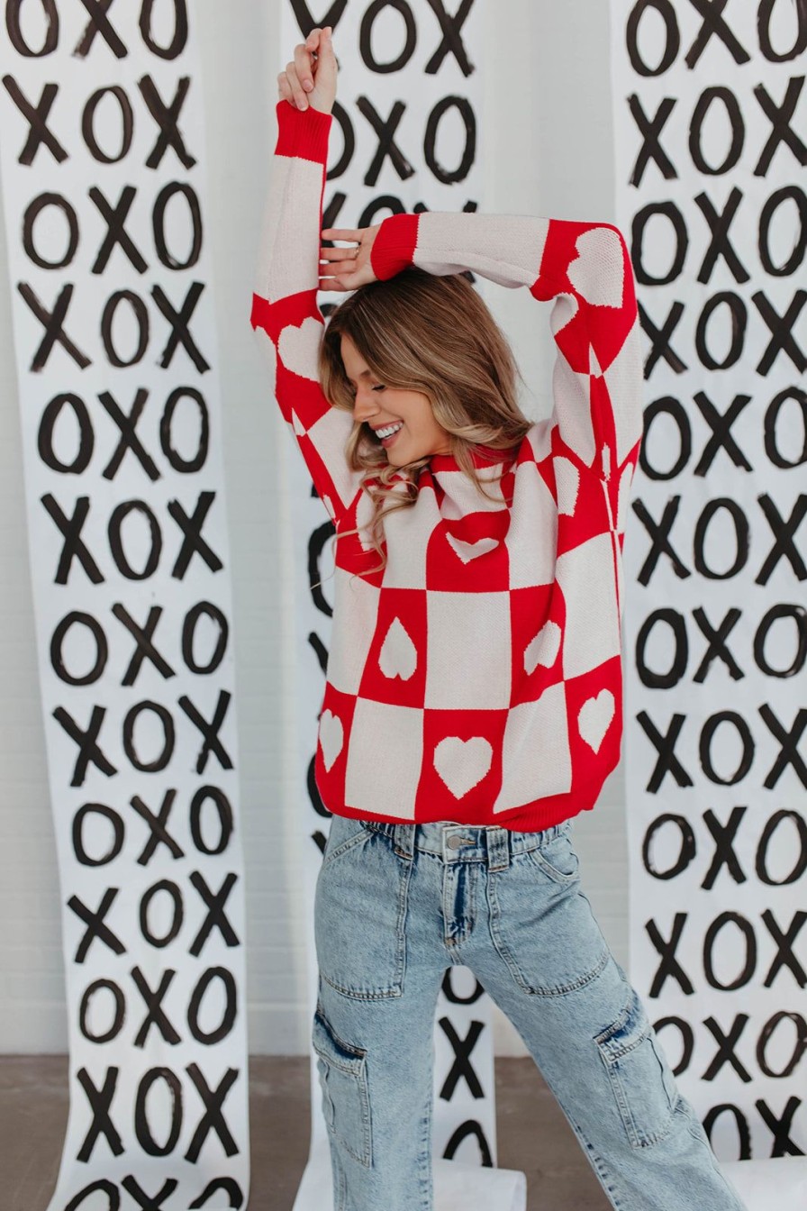 Women Pink Desert Tops | The Ramona Checkered Heart Sweater In Red