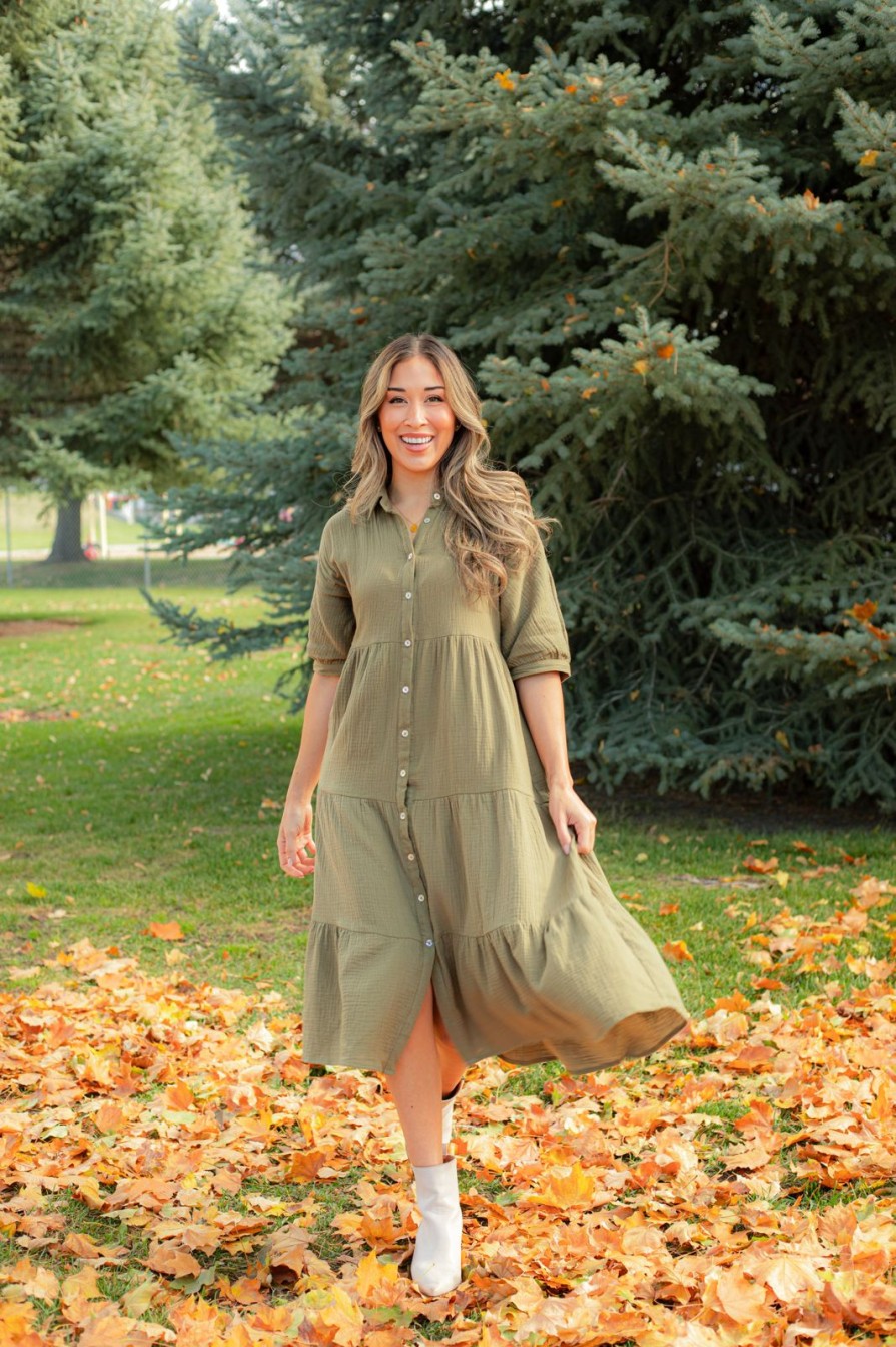 Women Pink Desert Dresses | The Odin Tiered Midi Dress In Olive