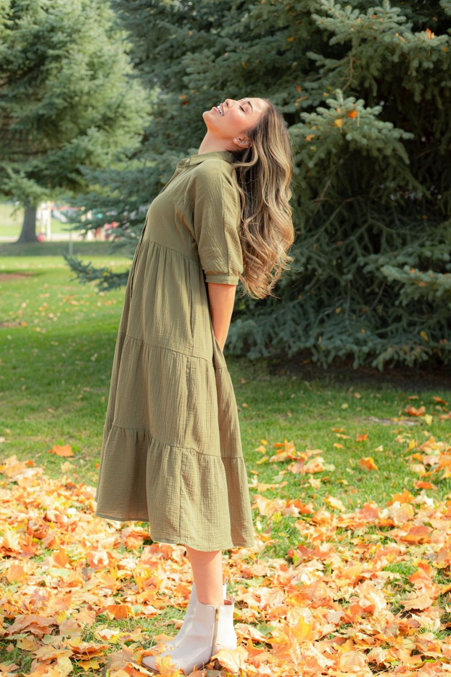 Women Pink Desert Dresses | The Odin Tiered Midi Dress In Olive