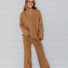 Women Pink Desert Tops | The Hanna Henley Sweater Set In Coffee