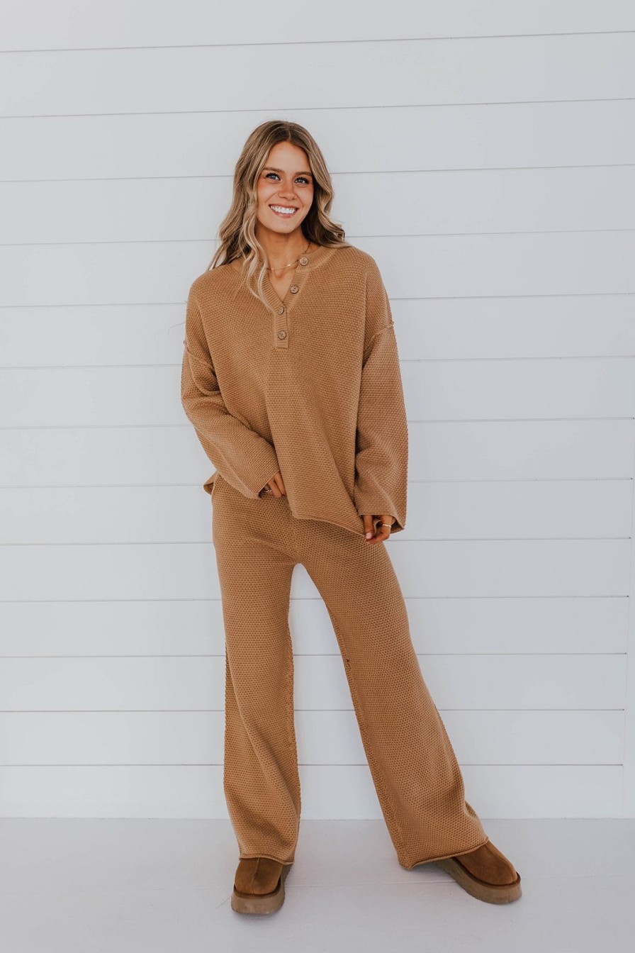 Women Pink Desert Tops | The Hanna Henley Sweater Set In Coffee