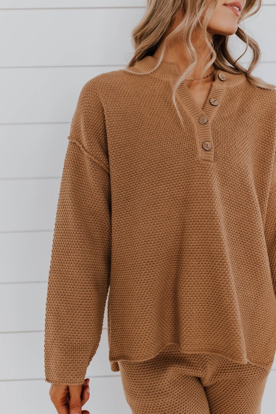 Women Pink Desert Tops | The Hanna Henley Sweater Set In Coffee