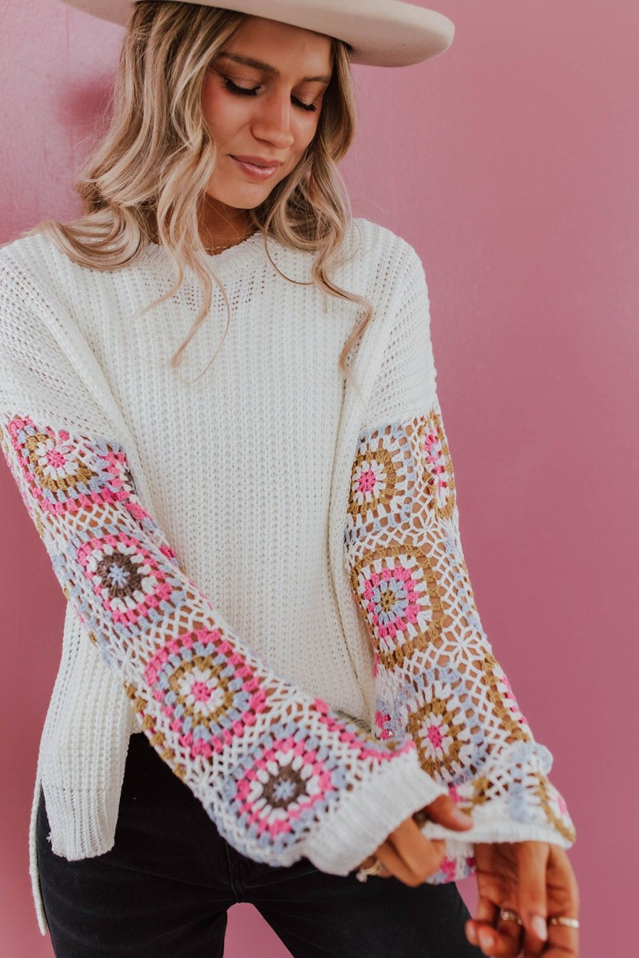 Women Pink Desert Tops | The Crochet Sleeve Sweater In Ivory