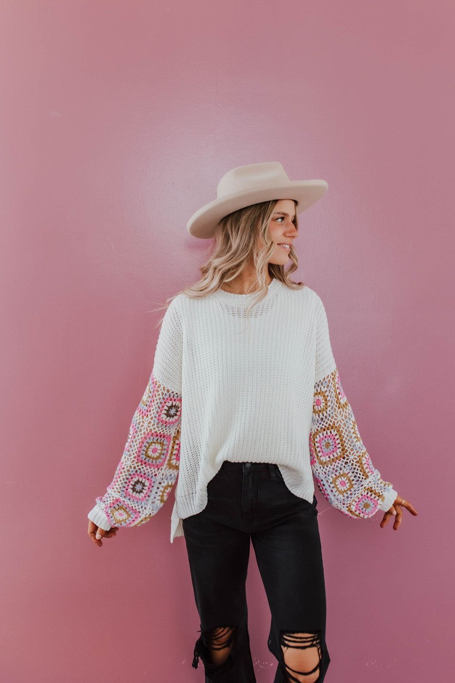 Women Pink Desert Tops | The Crochet Sleeve Sweater In Ivory