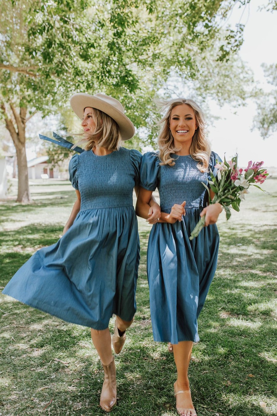 Women Pink Desert Dresses | The Kennedy Smocked Dress In Chambray By Pink Desert