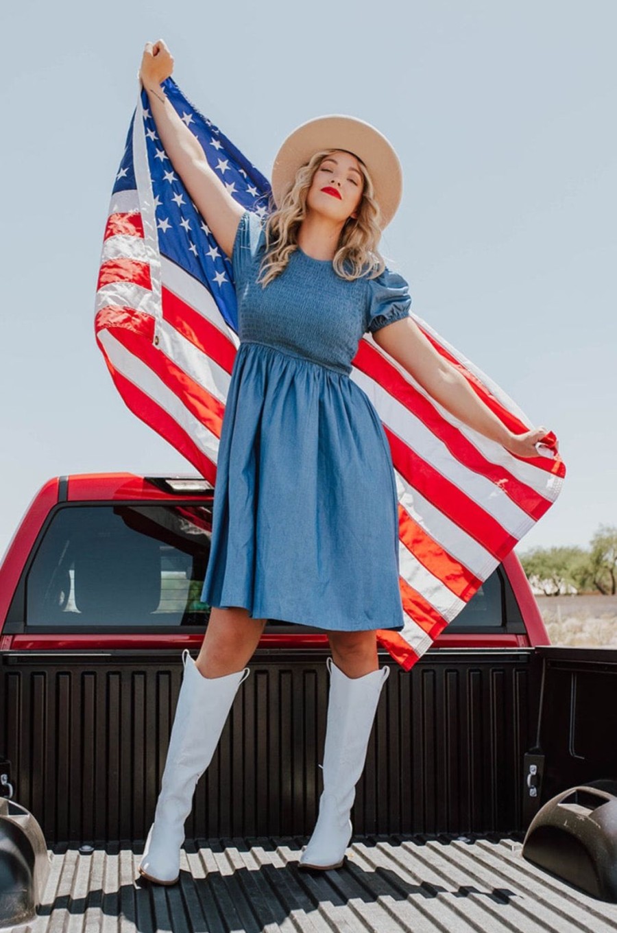 Women Pink Desert Dresses | The Kennedy Smocked Dress In Chambray By Pink Desert