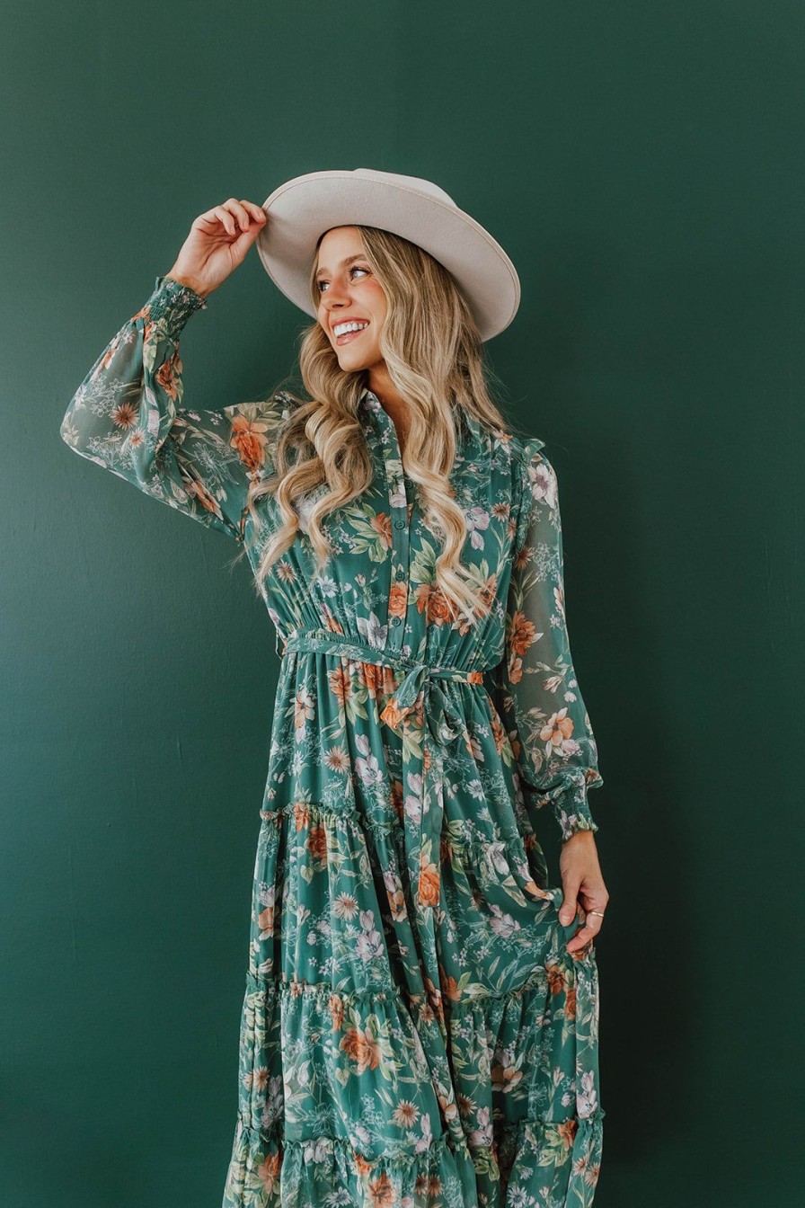 Women Pink Desert Dresses | The Fall Harvest Midi Dress In Green Floral