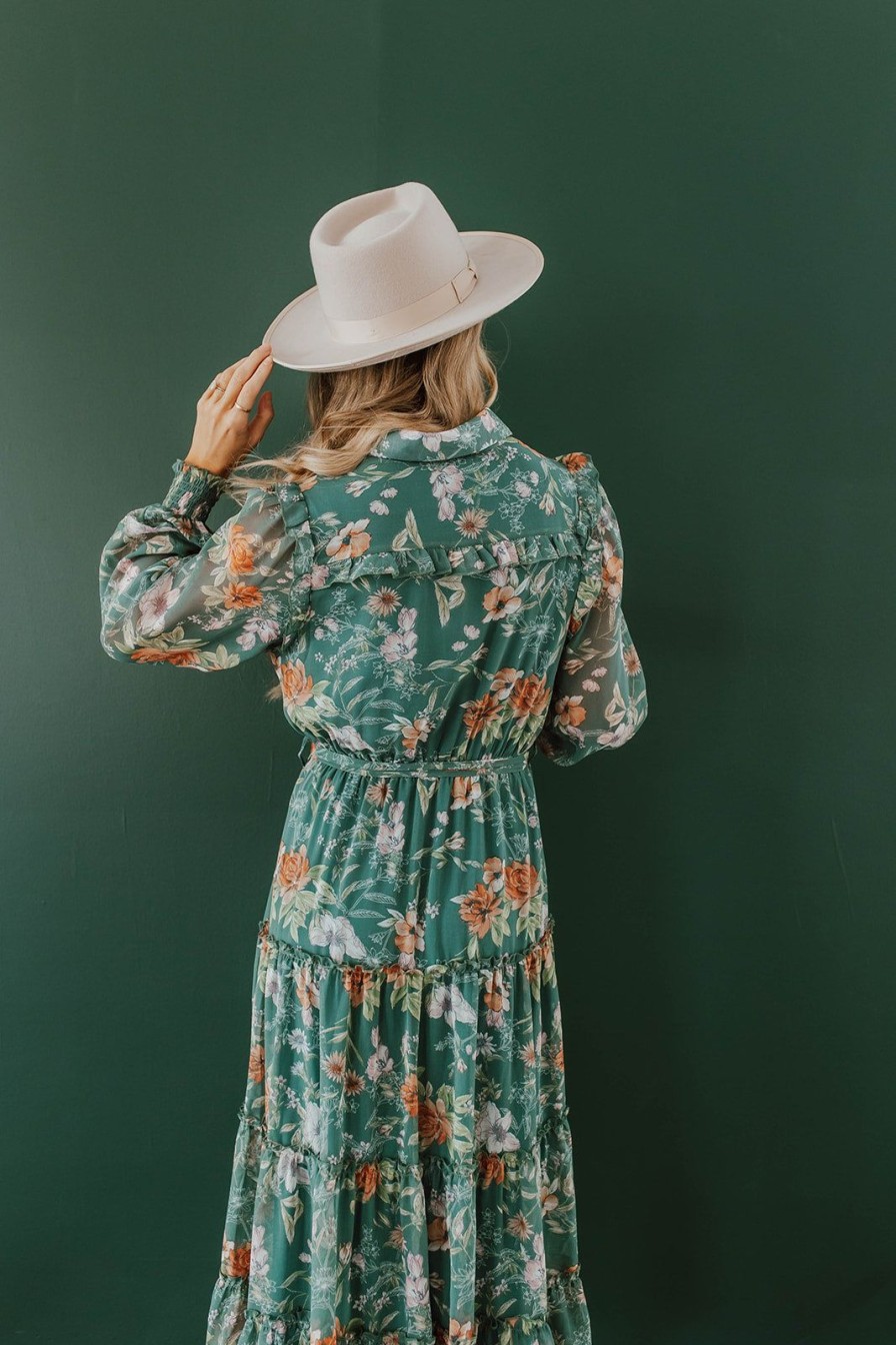 Women Pink Desert Dresses | The Fall Harvest Midi Dress In Green Floral