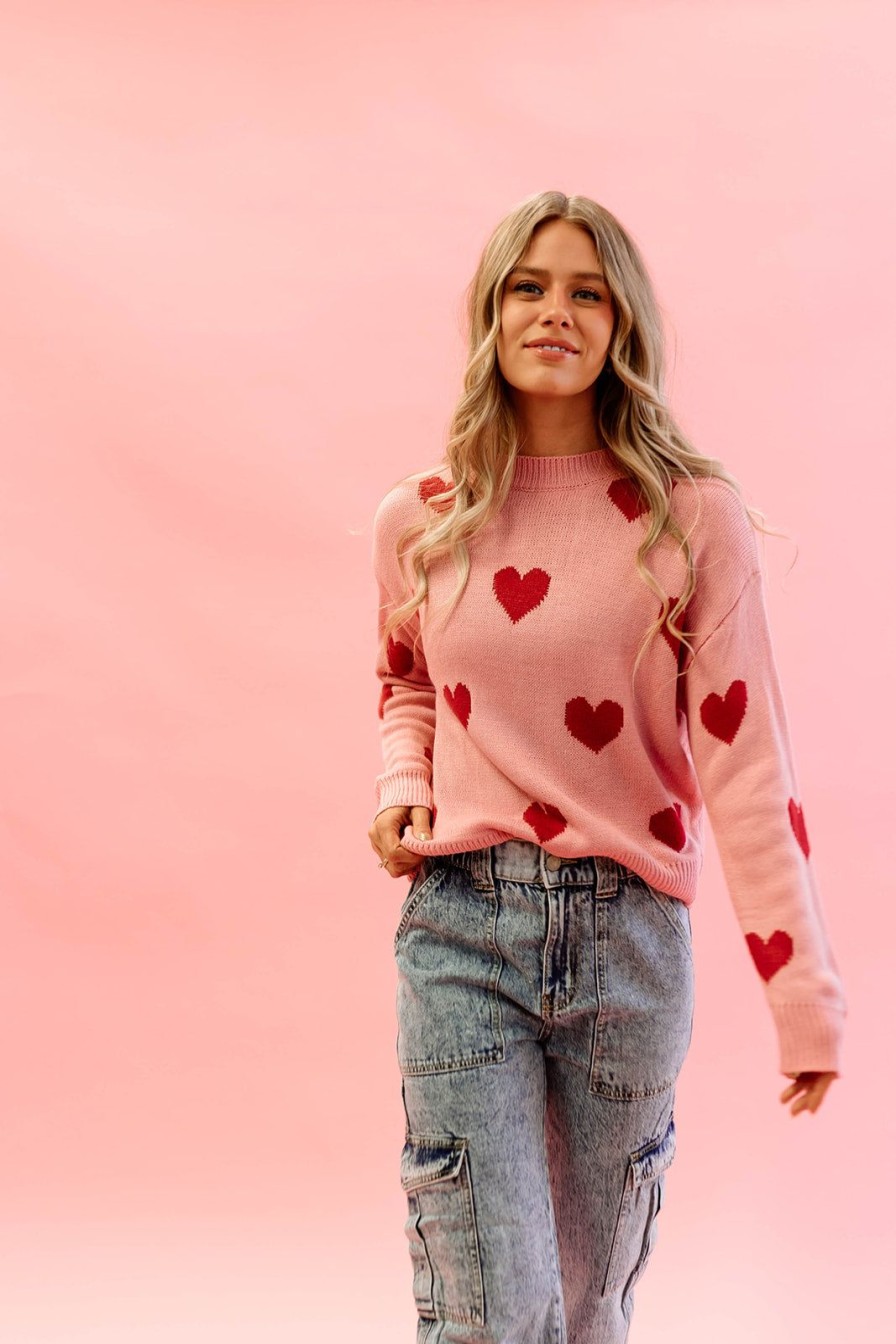 Women Pink Desert Tops | The Heart Print Sweater In Pink