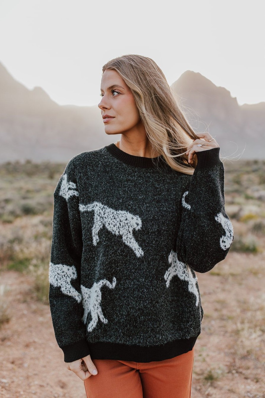 Women Pink Desert Tops | The Snow Leopard Sweater In Black