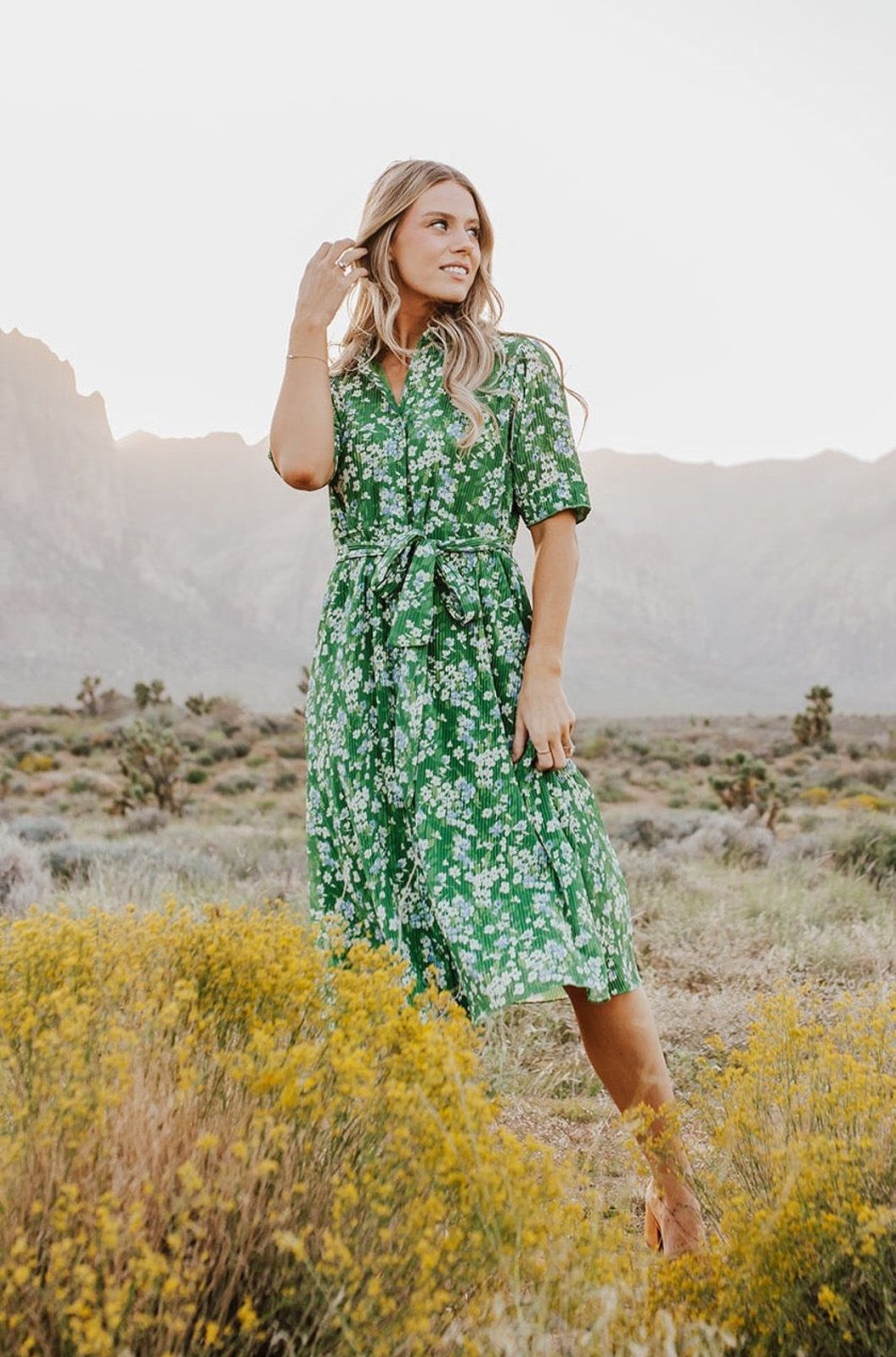 Women Pink Desert Dresses | The Audrey Button Front Dress In Green Floral By Pink Desert