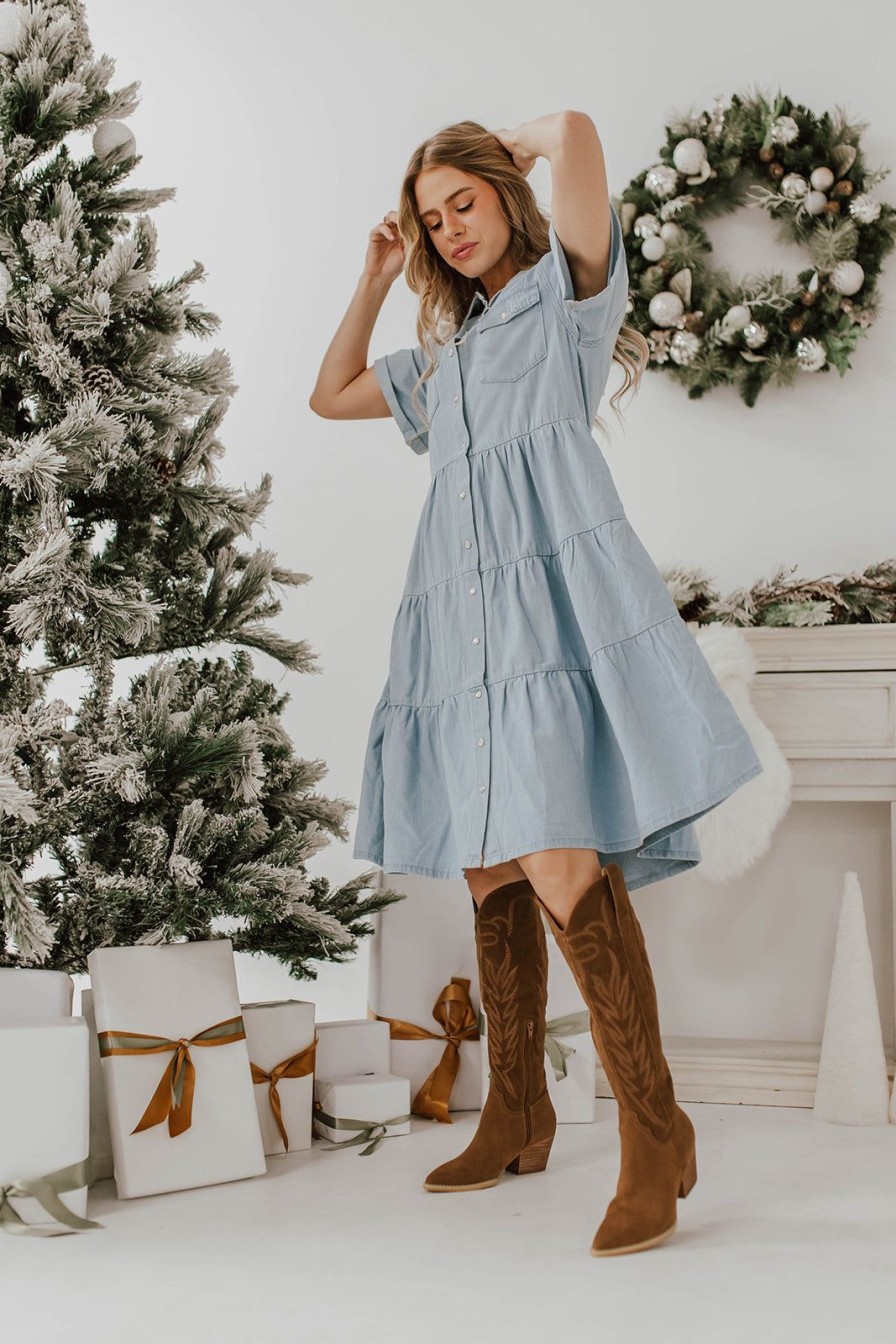 Women Pink Desert Dresses | The Dawn Button Up Midi Dress In Denim