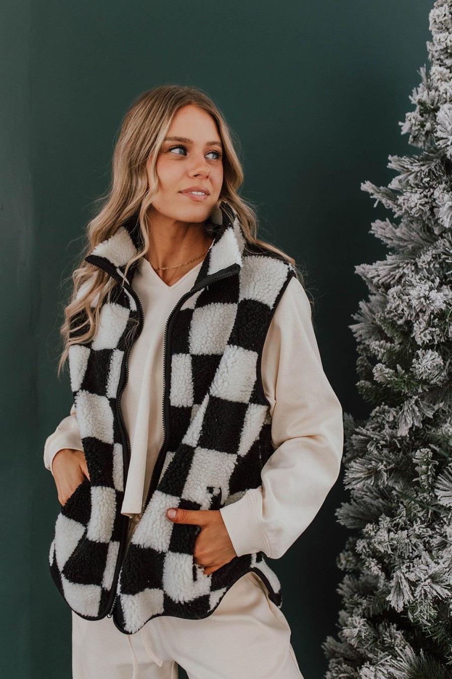 Women Pink Desert Tops | The Chessy Sherpa Vest In Black Checker