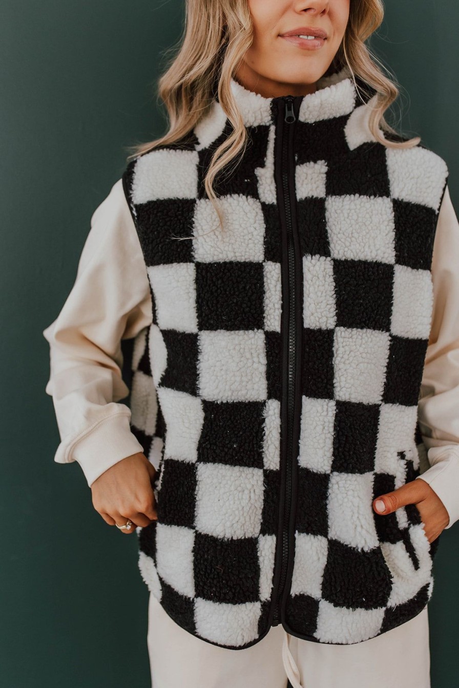 Women Pink Desert Tops | The Chessy Sherpa Vest In Black Checker