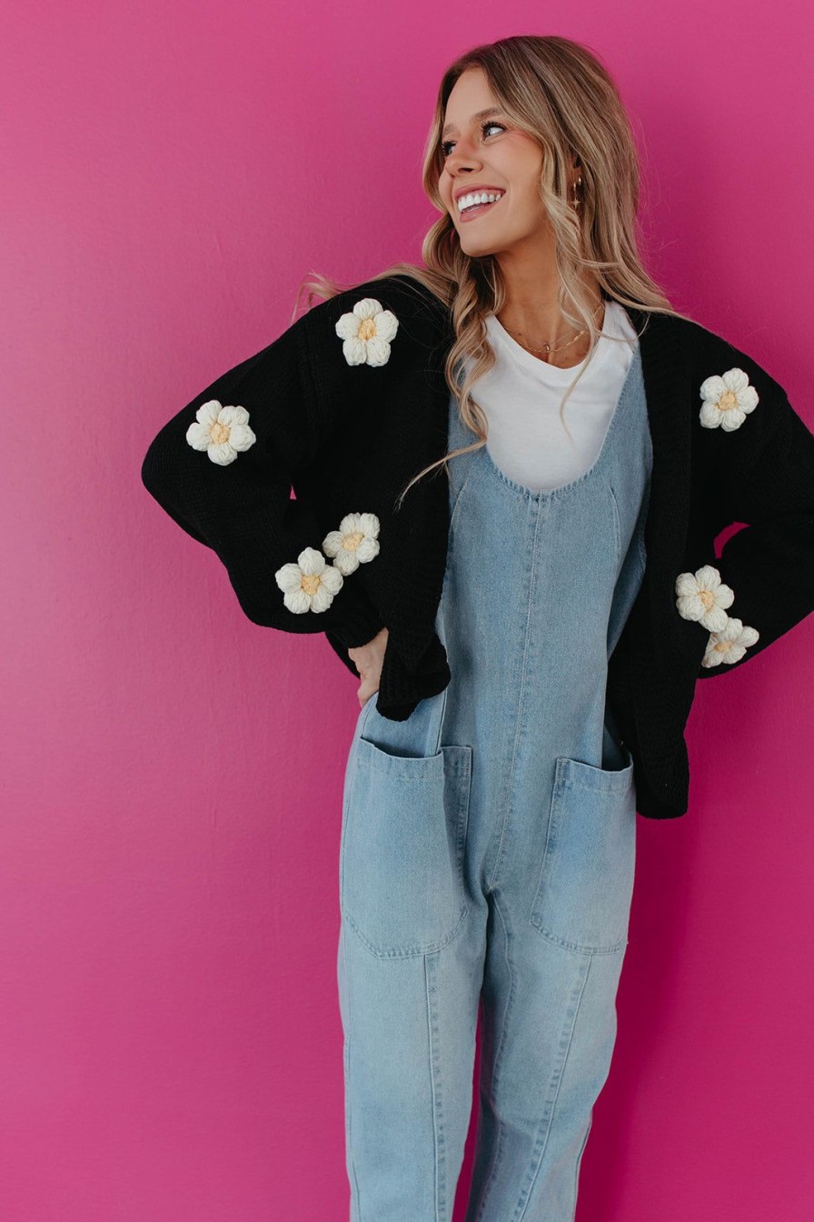 Women Pink Desert Tops | The Jumbo Daisy Knit Cardigan In Black