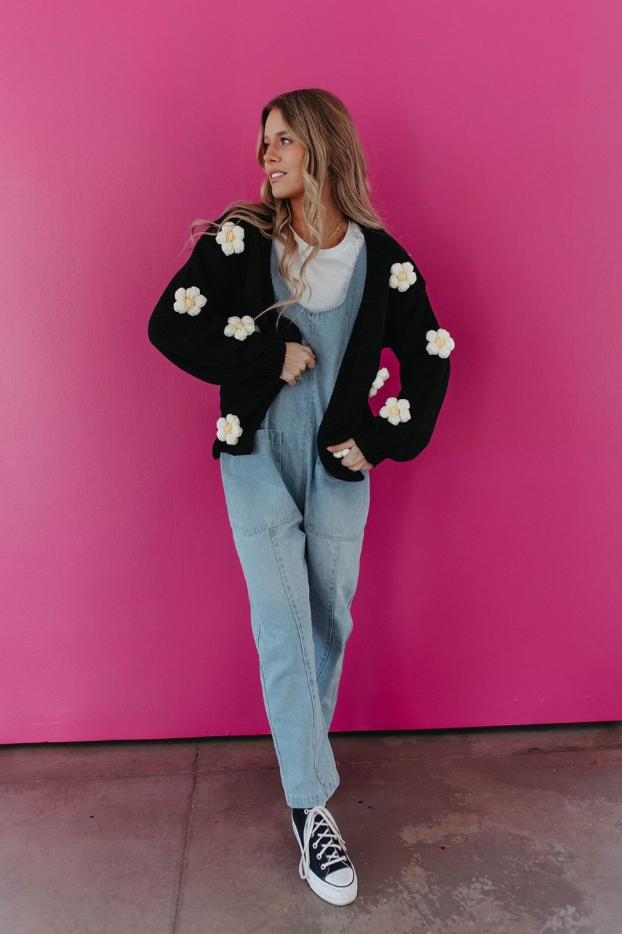 Women Pink Desert Tops | The Jumbo Daisy Knit Cardigan In Black