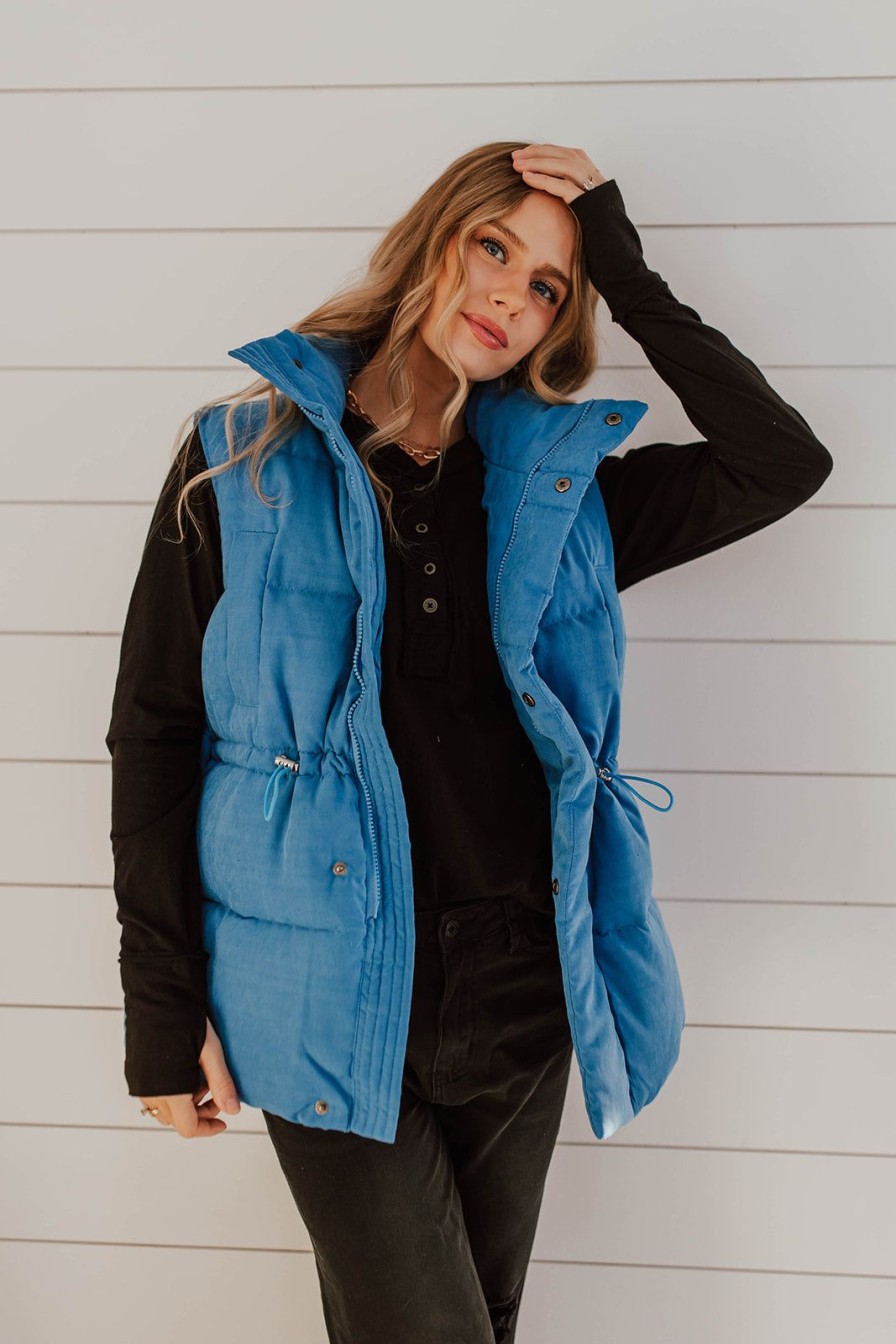 Women Pink Desert Tops | The Patricia Puffer Vest In Blue