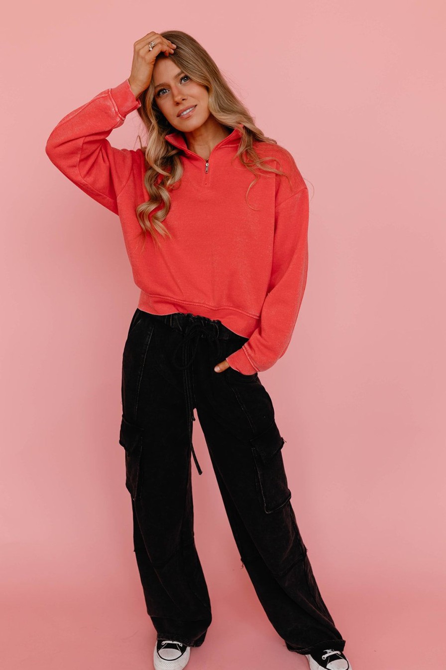 Women Pink Desert Tops | The Alexia Quarter Zip Sweatshirt In Watermelon