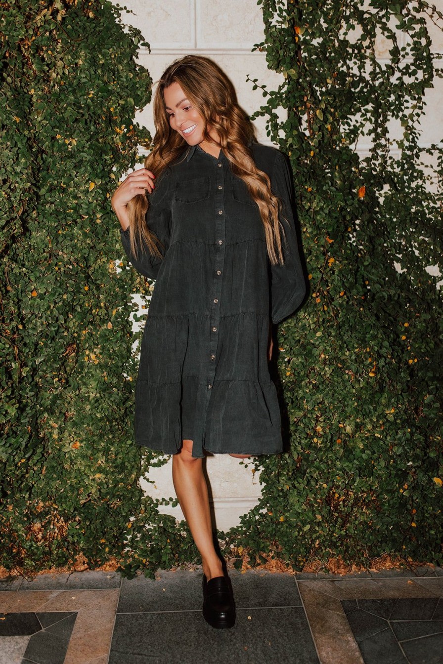 Women Pink Desert Dresses | The Bodie Button Up Midi Dress In Black Denim