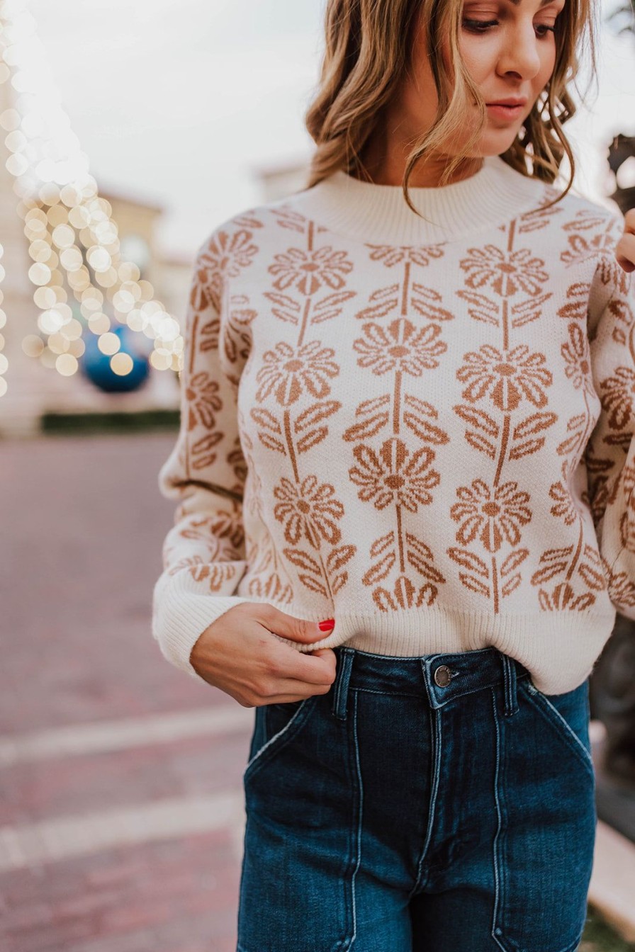 Women Pink Desert Tops | The Tillee Floral Sweater In Taupe