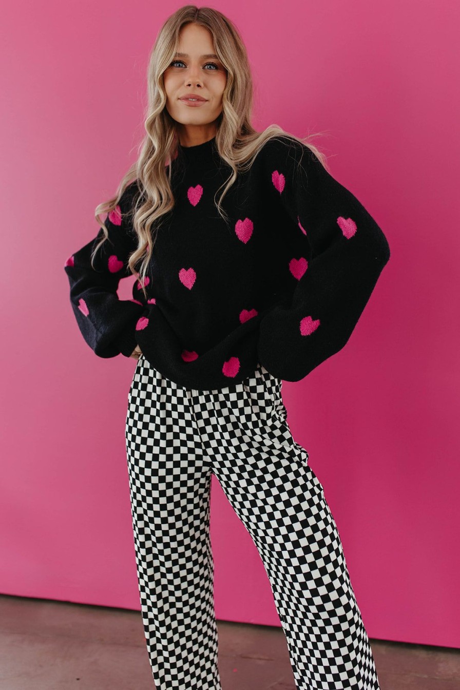 Women Pink Desert Tops | The All Over Heart Sweater In Black