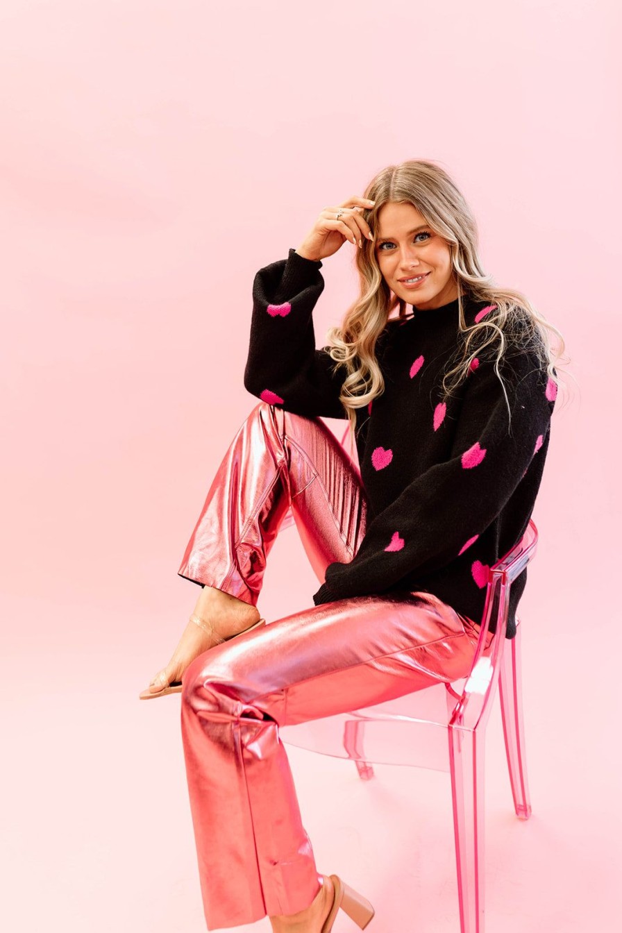 Women Pink Desert Tops | The All Over Heart Sweater In Black