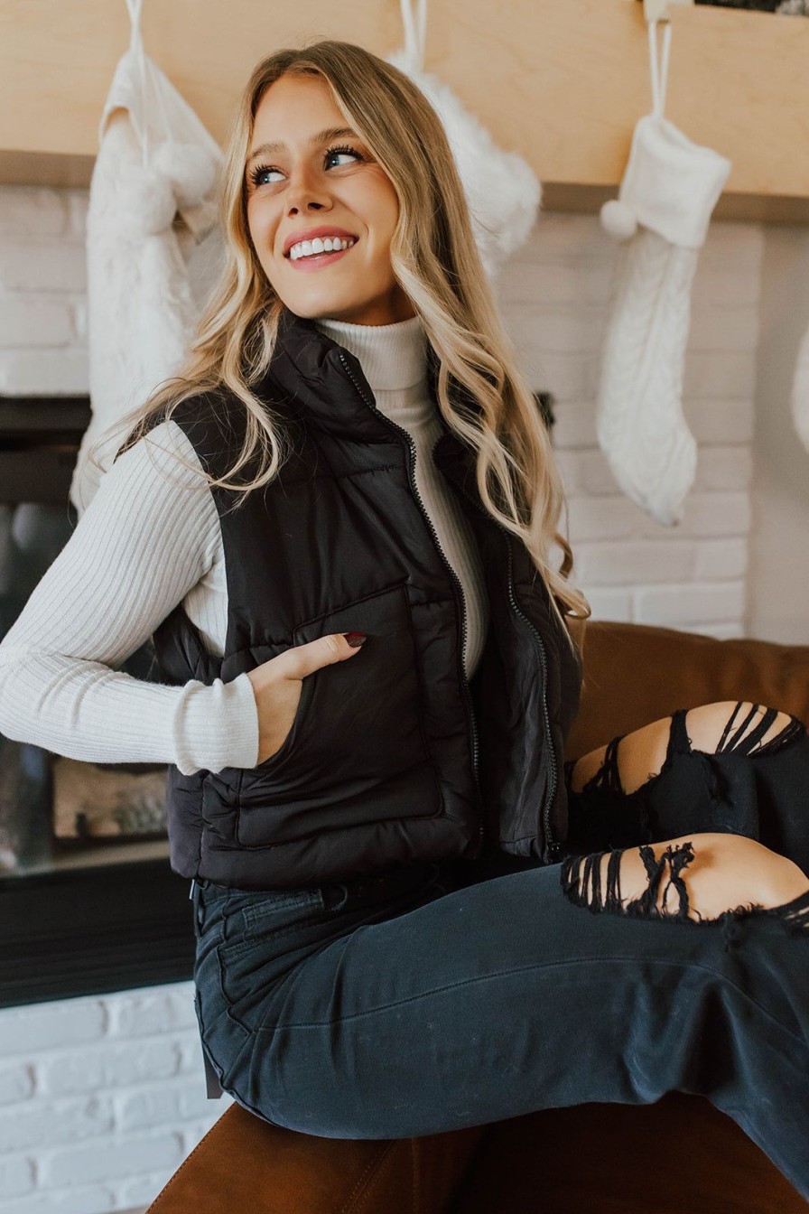 Women Pink Desert Tops | The Charli Cropped Puffer Vest In Black