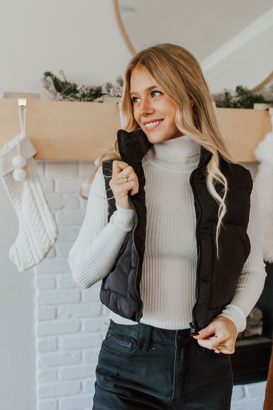 Women Pink Desert Tops | The Charli Cropped Puffer Vest In Black