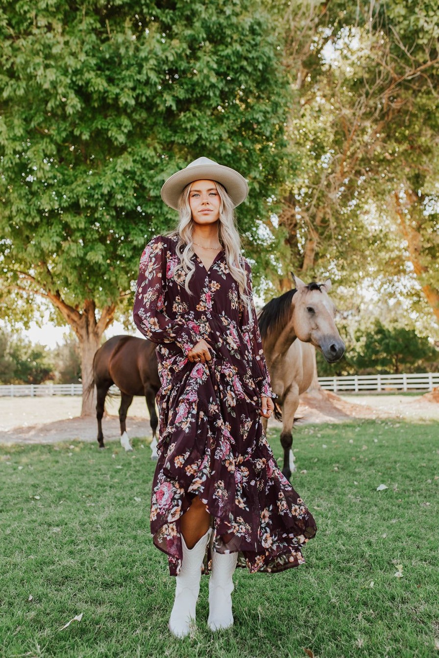 Women Pink Desert Dresses | The Fall Time Floral Maxi Dress In Wine