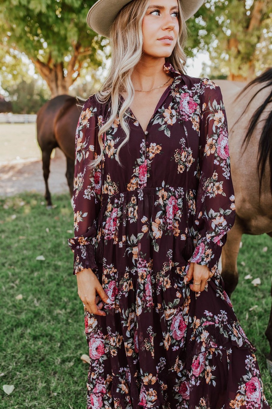 Women Pink Desert Dresses | The Fall Time Floral Maxi Dress In Wine