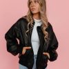 Women Pink Desert Tops | The Nikki Leather Bomber Jacket In Black