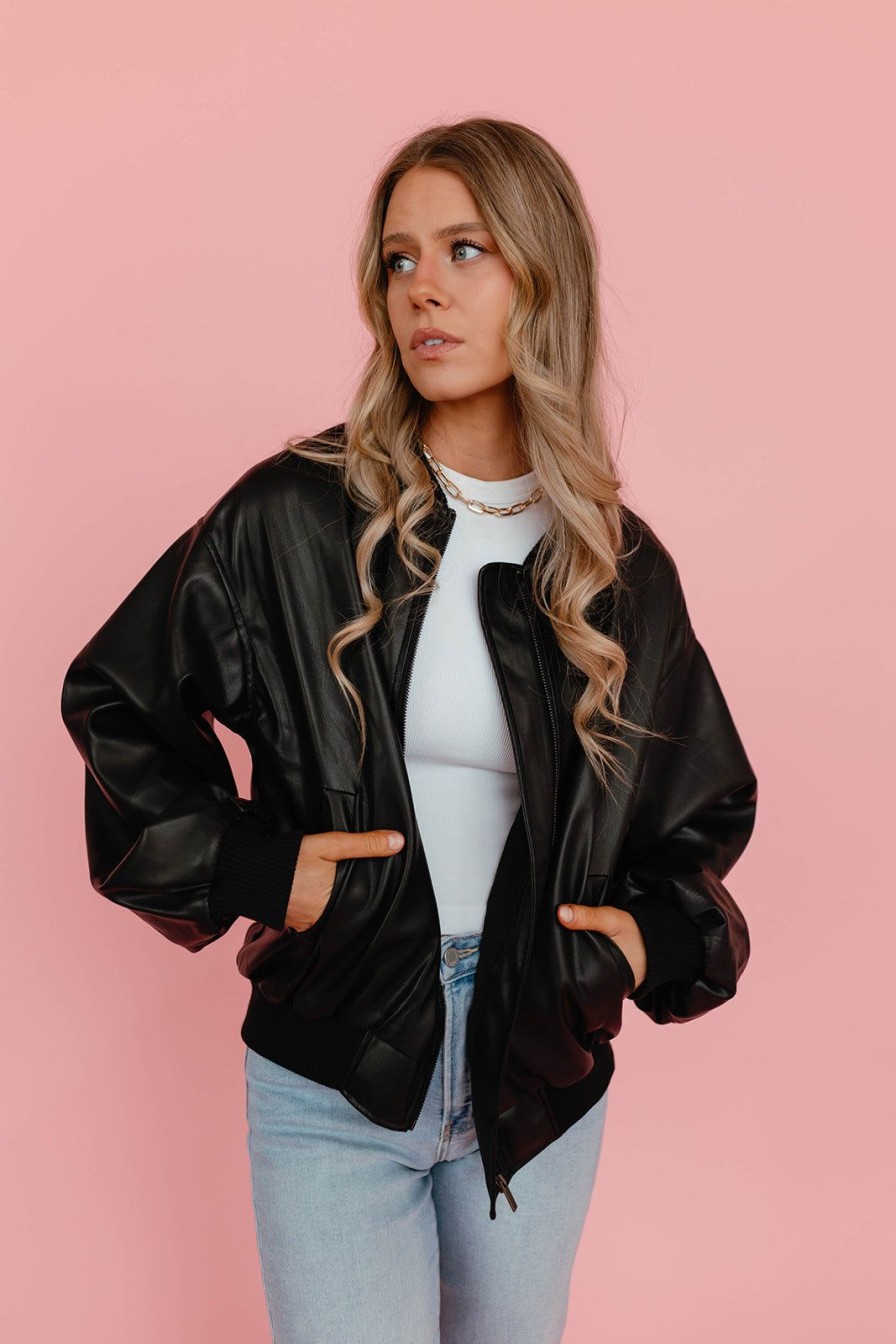 Women Pink Desert Tops | The Nikki Leather Bomber Jacket In Black