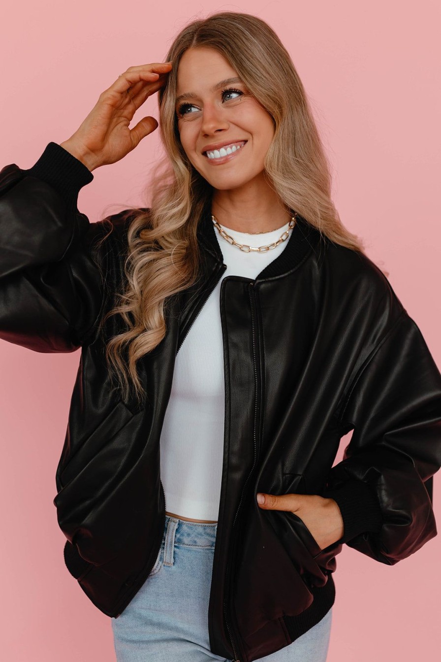 Women Pink Desert Tops | The Nikki Leather Bomber Jacket In Black