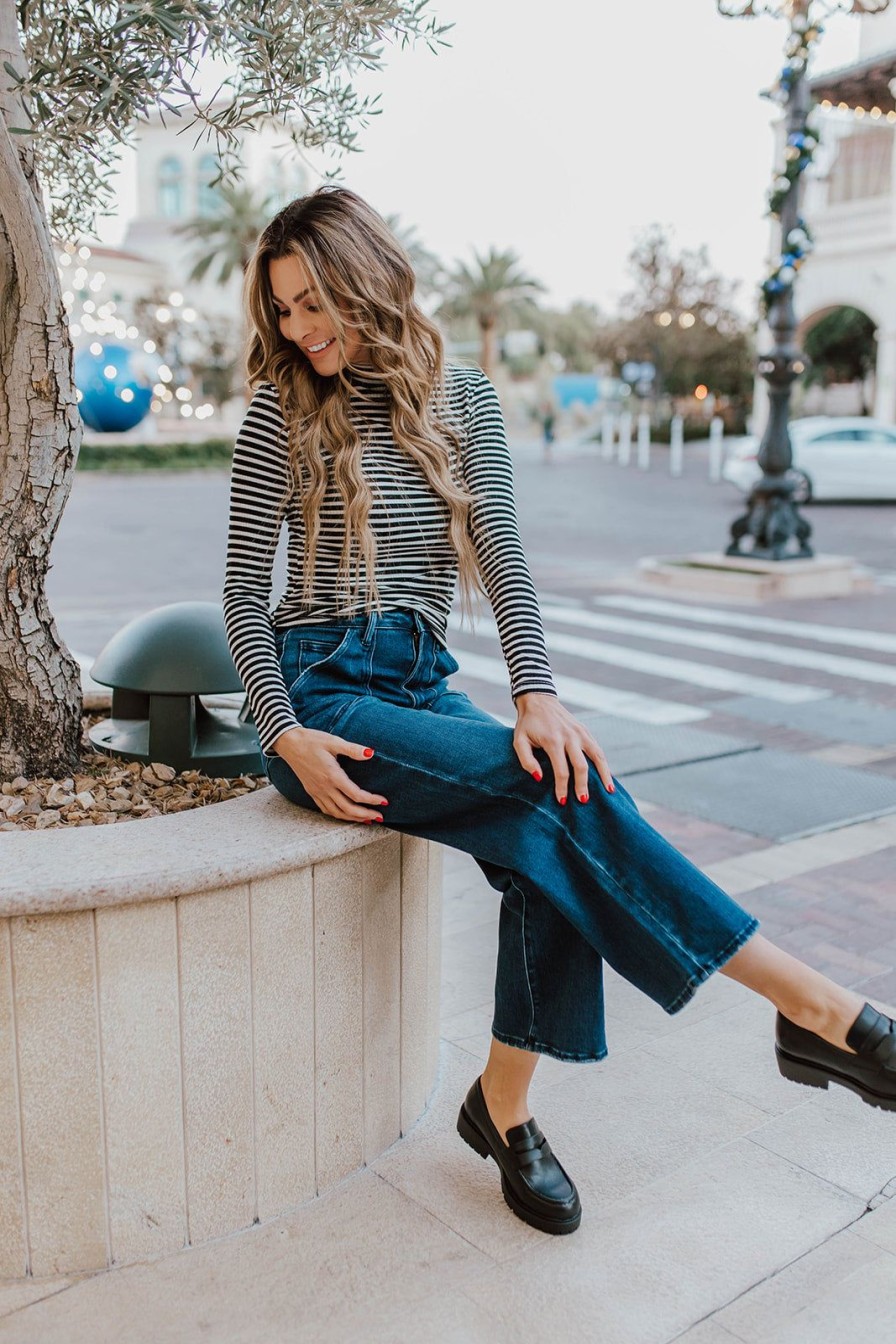 Women Pink Desert Tops | The Sammi Striped Mock Neck Top In Black