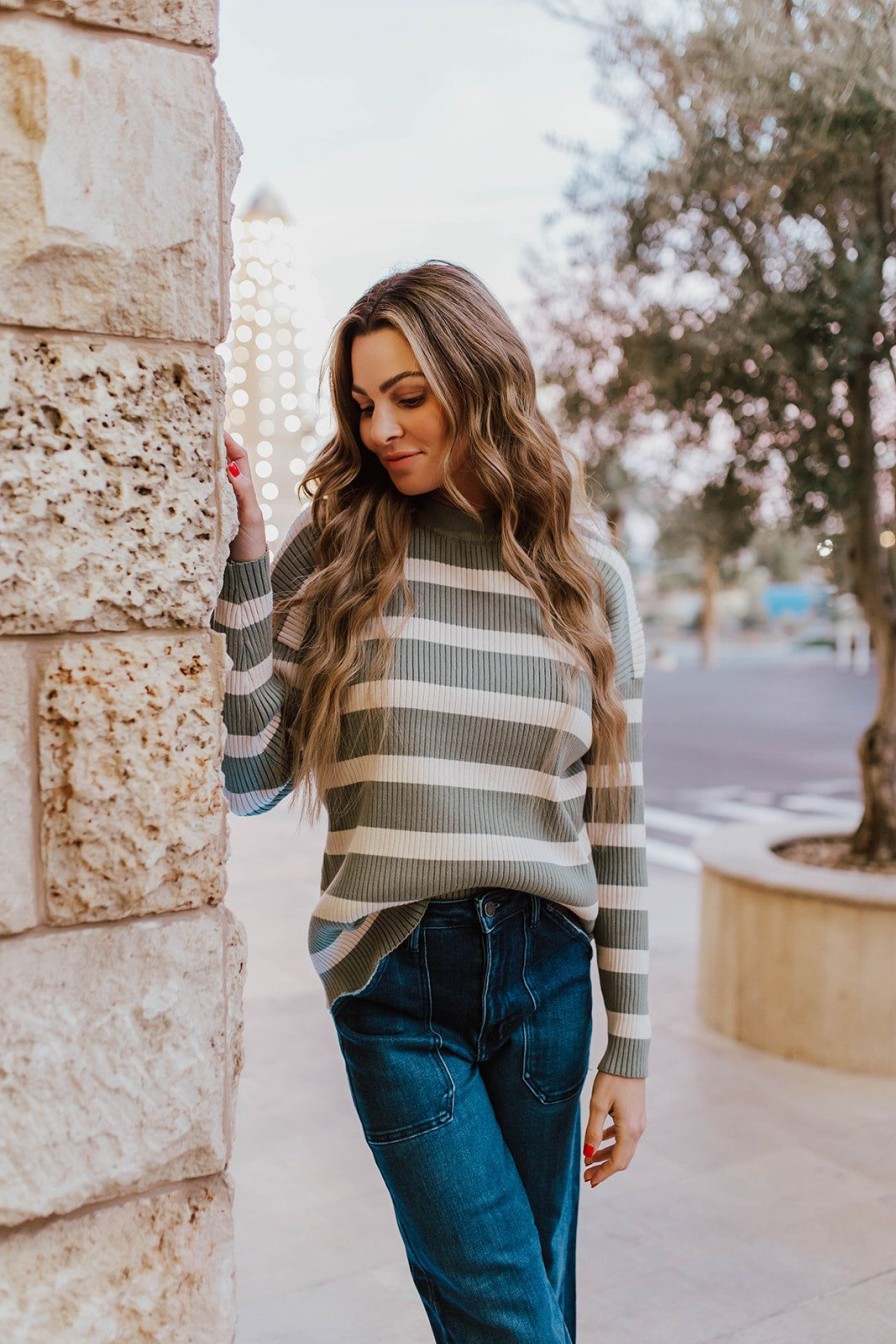 Women Pink Desert Tops | The Otto Striped Sweater In Olive