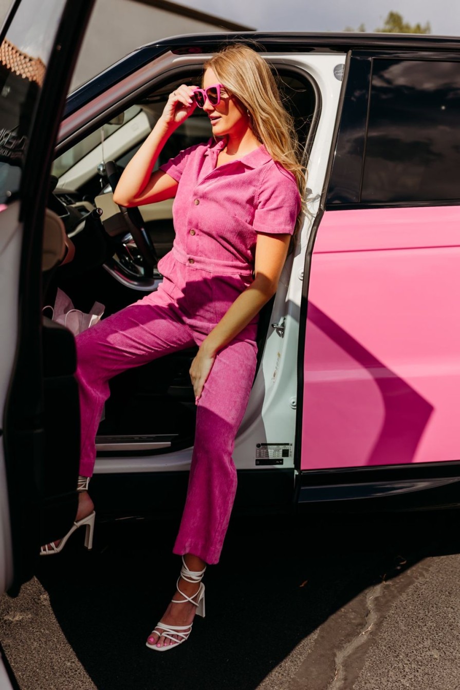 Women Pink Desert Tops | The Harriet Corduroy Jumpsuit In Hibiscus