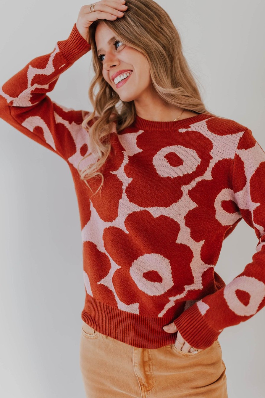 Women Pink Desert Tops | The Giana Floral Sweater In Rust