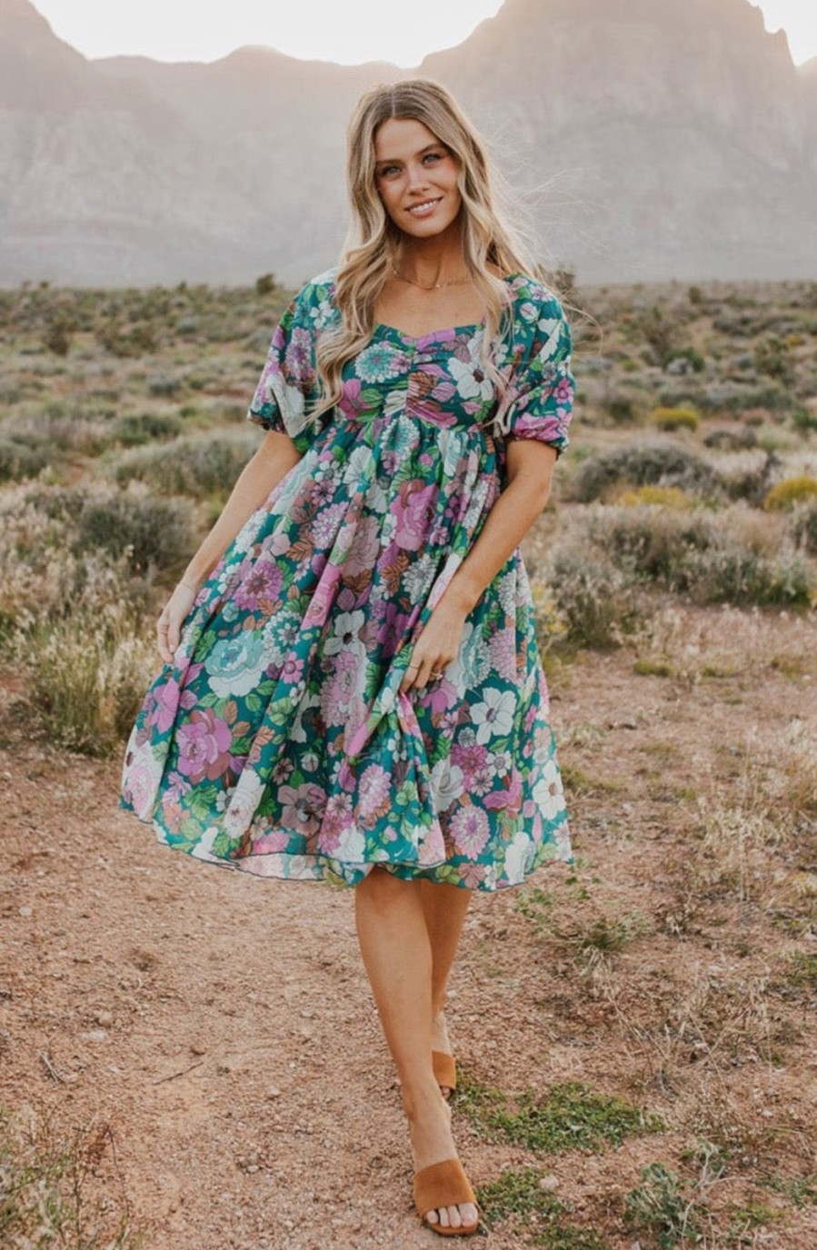 Women Pink Desert Dresses | The Luna Sweetheart Dress In Teal Floral By Pink Desert