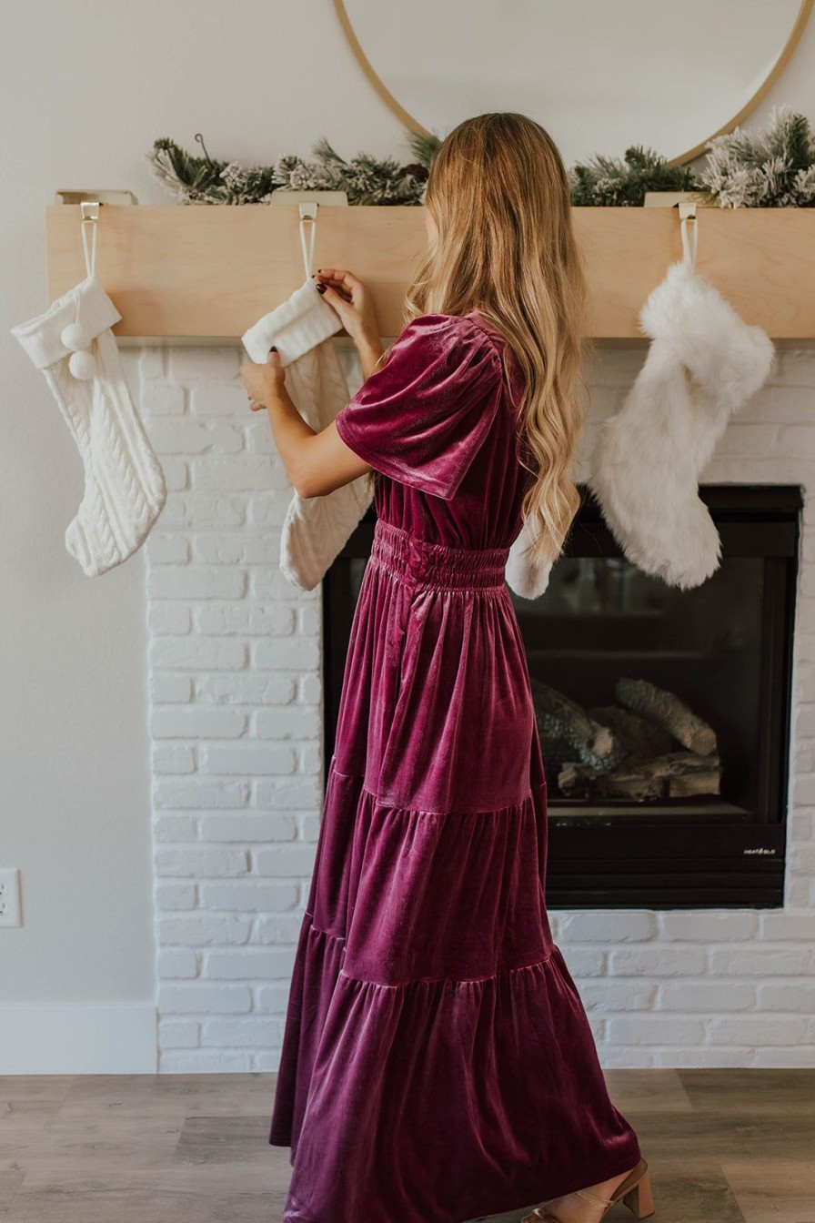 Women Pink Desert Dresses | The Tiara Velvet Tiered Dress In Rose