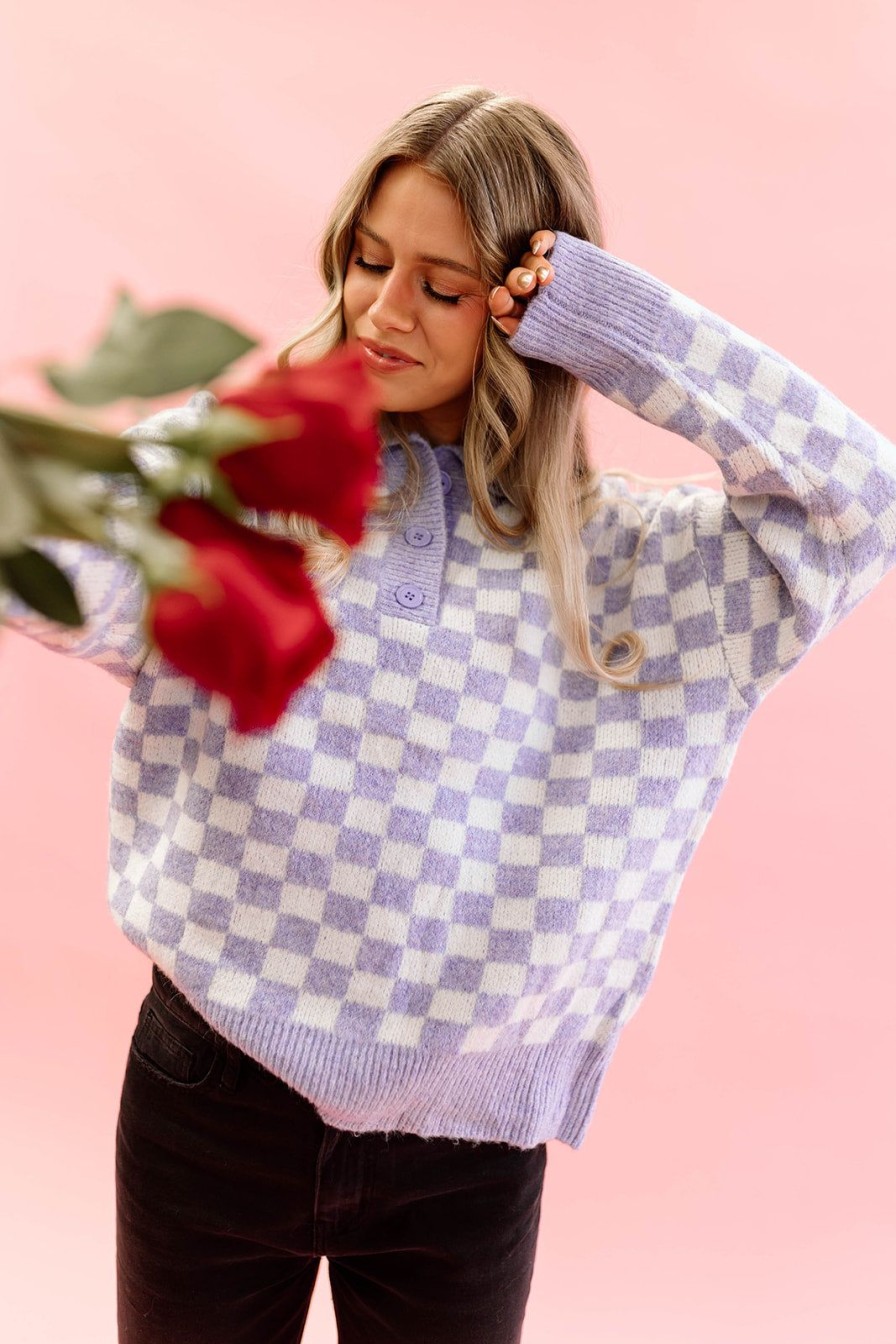 Women Pink Desert Tops | The Lyla Collared Sweater In Lilac Checker